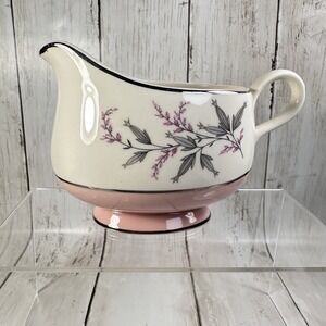 Homer Laughlin Barclay Gravy Boat Cavalier Eggshell‎ Pink Rim Vintage Grey MCM